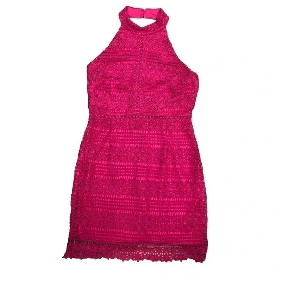 Available by Angela Design NWT‎ Halter Hot Pink Lace Dress Women’s Medium - Picture 1 of 8